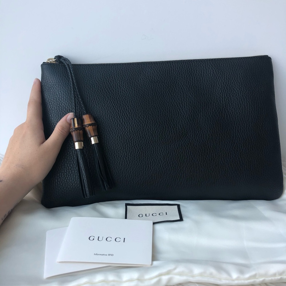 Authentic large Gucci Leather zip pouch w/ Bamboo